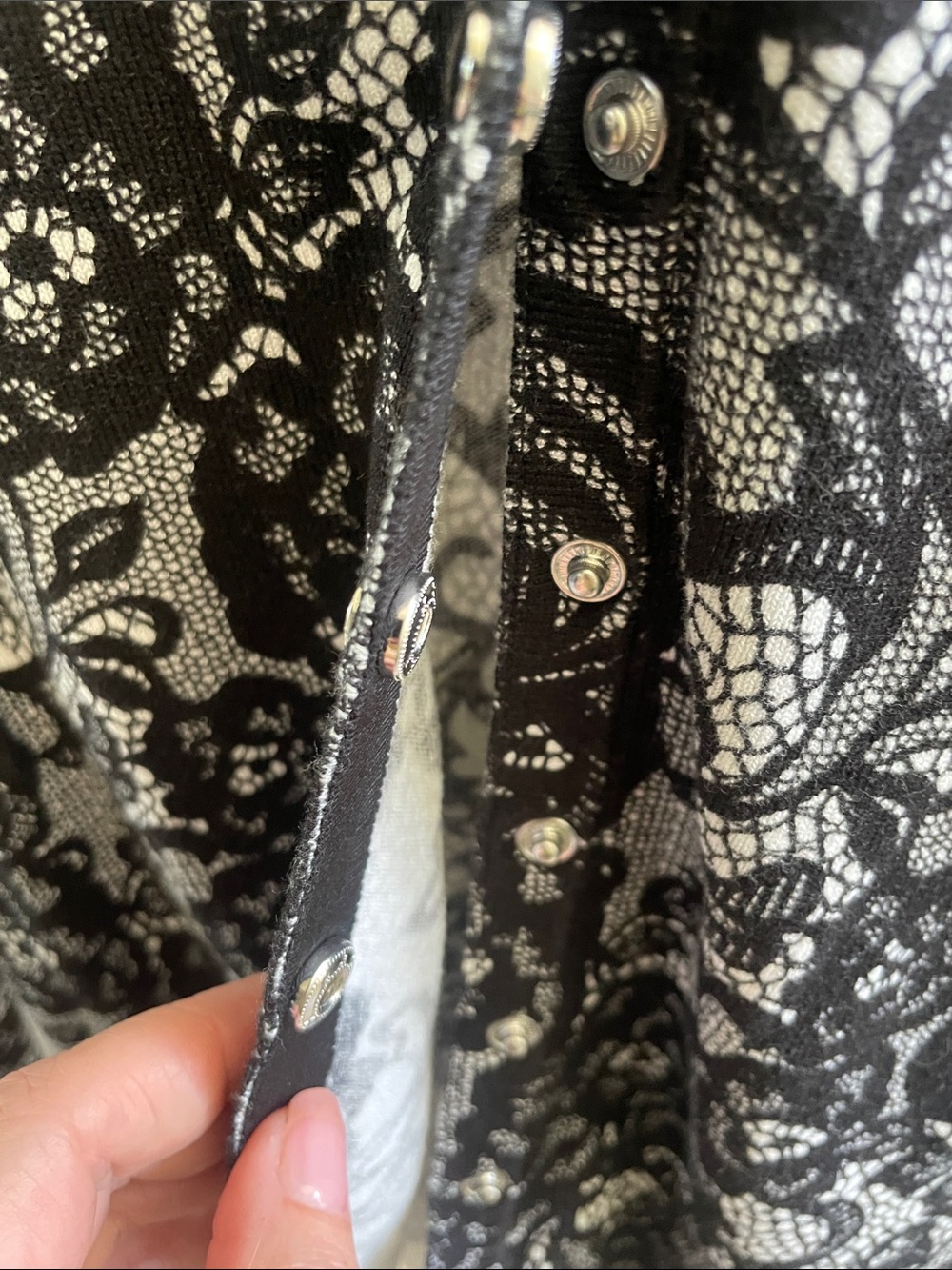 White House Black Market Black & White Lace-Overlay Button Front Top - Picture 5 of 10